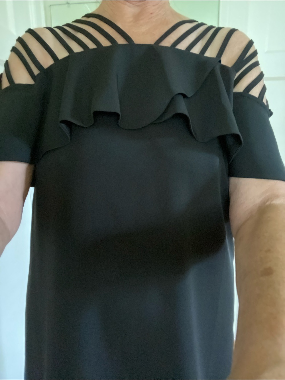 Gracia Black One-Shoulder Ruffle Dress with Strappy Yoke